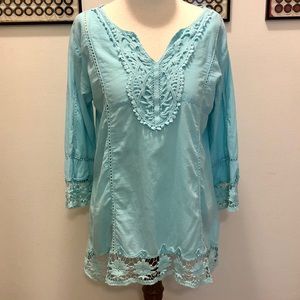 Embroidered Lace Cotton Tunic Top Baby Blue Medium